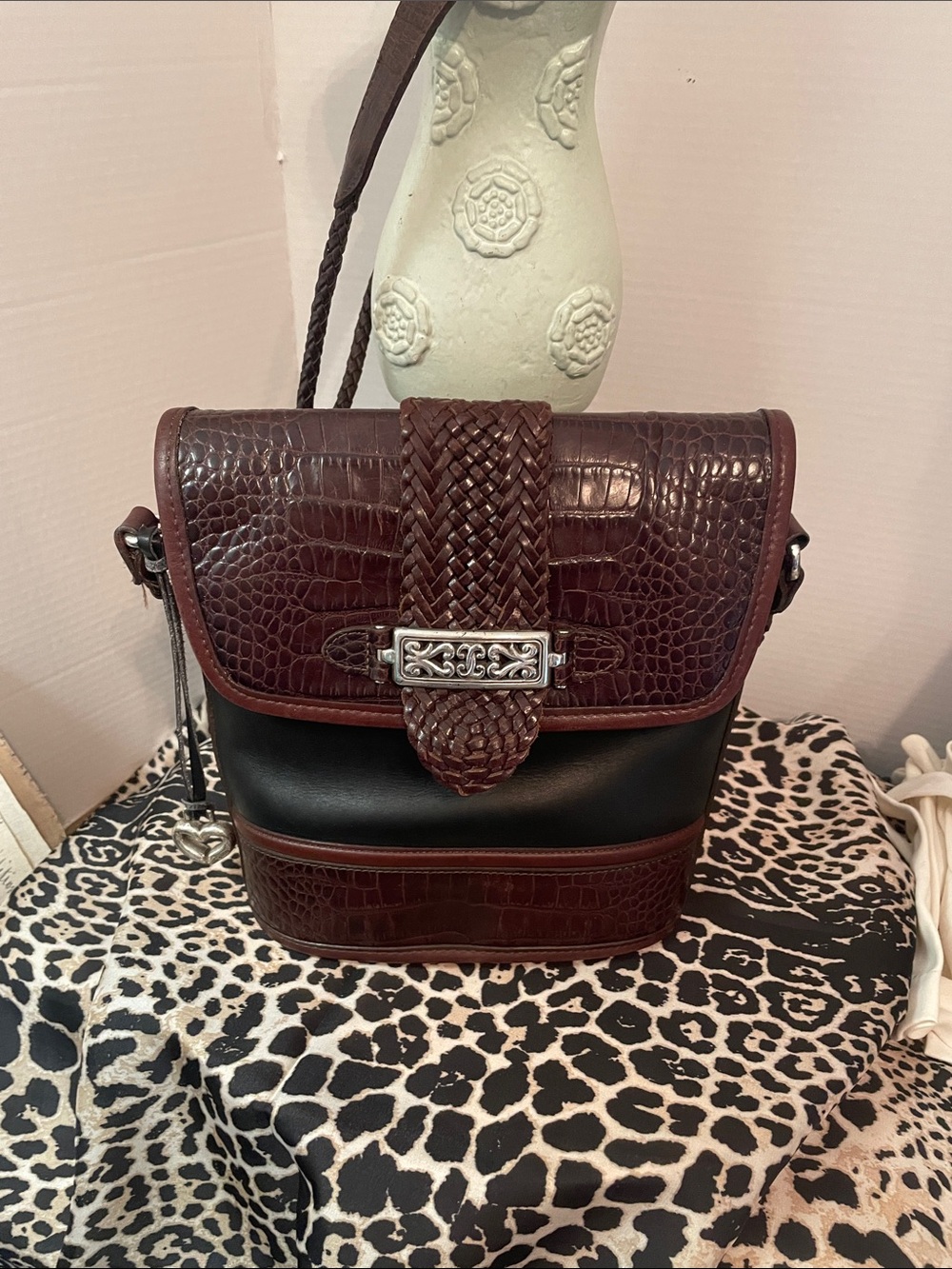 Brighton Braided Accent Brown and Black Leather Shoulder Bag